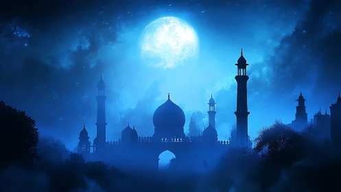 Moonlit palace skyline shimmers beneath a luminous night sky.