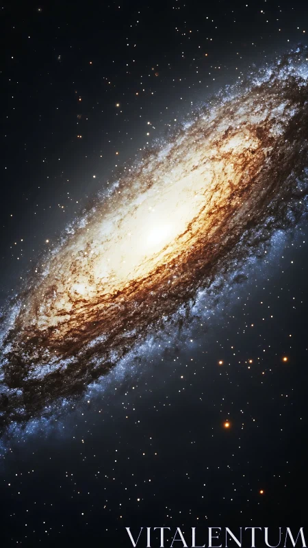 Spiral galaxy ignites in honeyed starlight and cosmic dust.