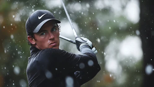 Golfer holds focused follow-through in a dramatic rainstorm