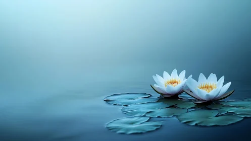White water lilies rest on calm blue water surface