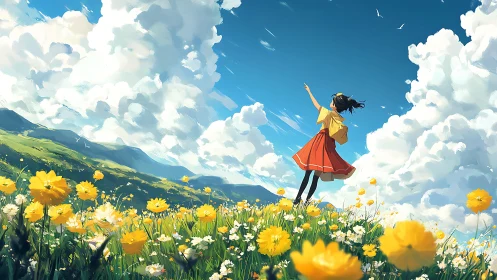 Girl in red dress celebrates freedom in a sunny flower field
