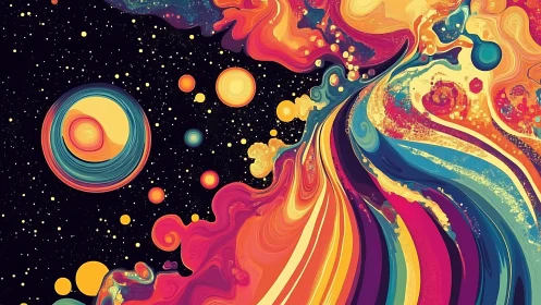 Colorful abstract space scene shows swirling cosmic forms