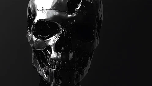 Polished black metallic skull rendered against dark background.