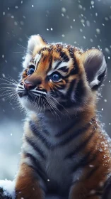 Tiger cub studies drifting snow under soft winter light.