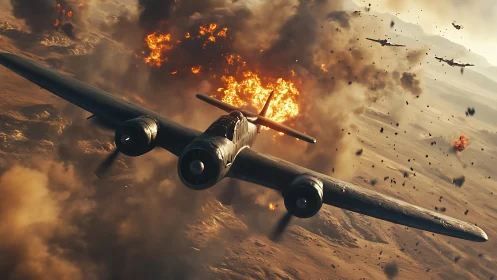 Twin‑engine warplane dives through desert firestorm.