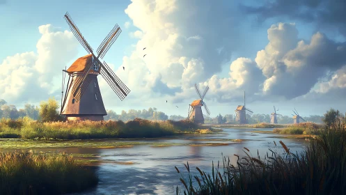 Hydrodynamic wetland windmills under cumuliform skyfield.