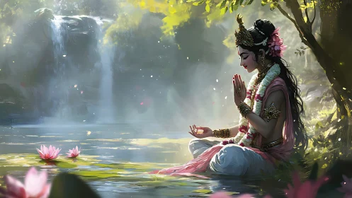 Divine river meditation beside luminous waterfall pool.