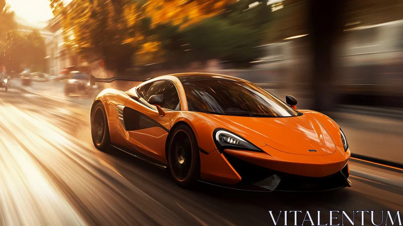 Sunlit orange supercar racing through a glowing city street.