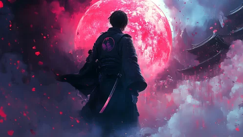 Scarlet moonlit ronin strides through swirling neon mist.