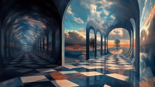 Mirrored sky corridors learn to bend time around lone trees