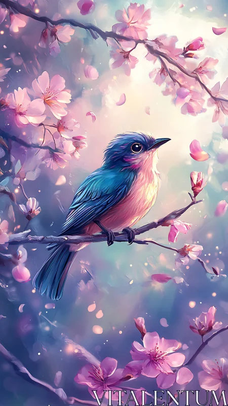 Blue songbird rests among glowing pink cherry blossoms