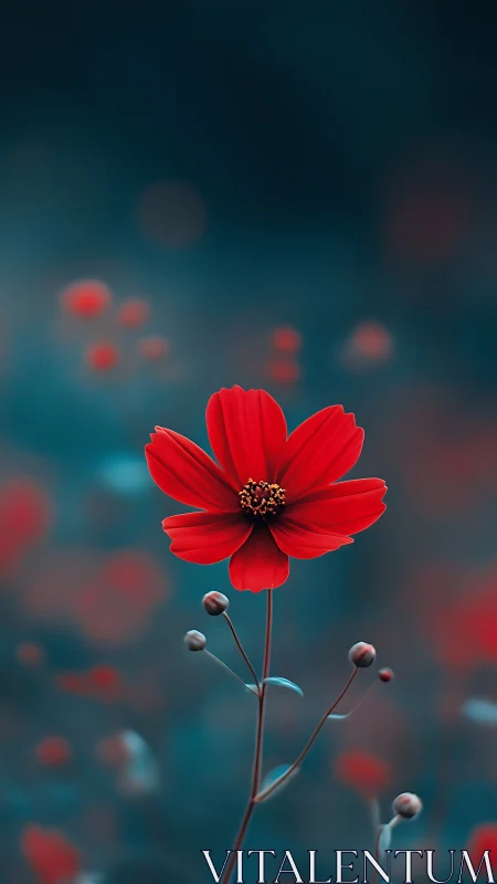 Scarlet wildflower glows softly against a teal twilight haze