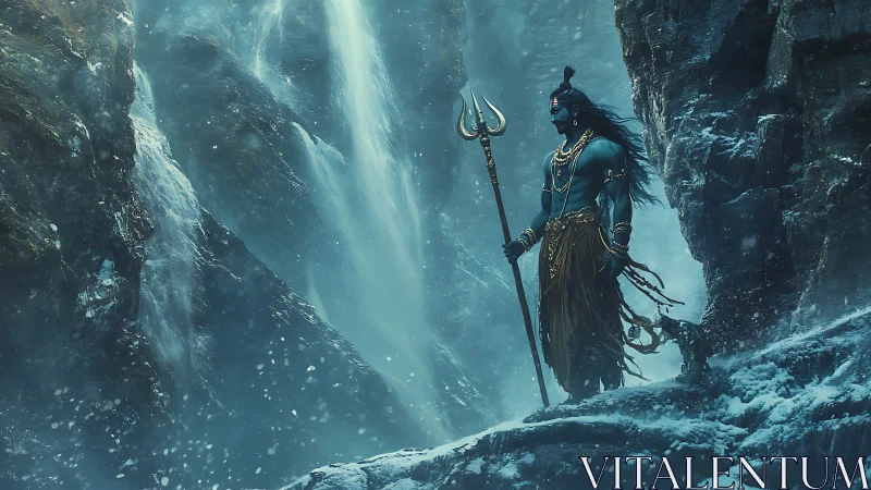 Stormlit blue deity guarding a frosted mountain waterfall.