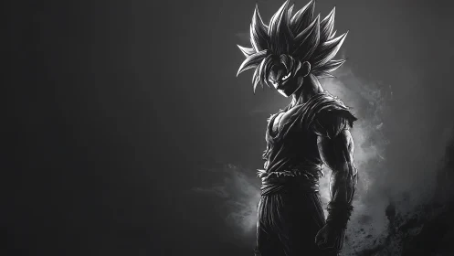 Monochrome anime warrior in high-contrast chiaroscuro composition.