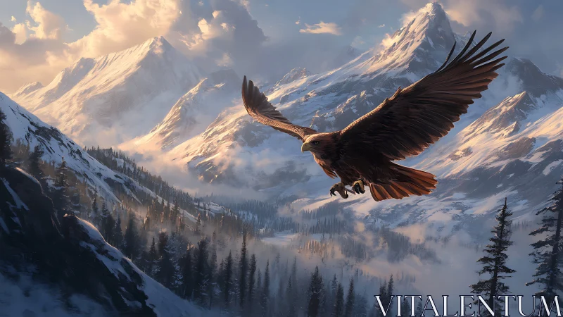 Majestic eagle soaring over snowy mountain landscape at sunrise.