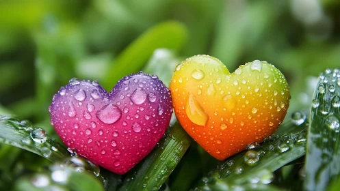 Twin heart-shaped fruits glistening with dewdrops.