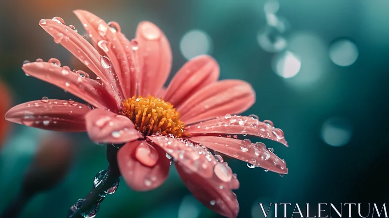 Pink Gerbera Daisy With Raindrops In Soft Focus.