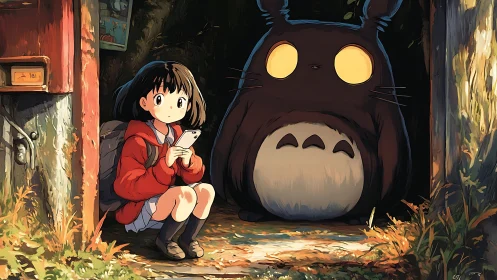 Girl with smartphone sits beside large forest creature