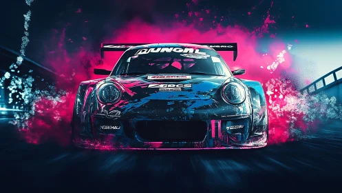 Front view race car with neon paint effects on track.