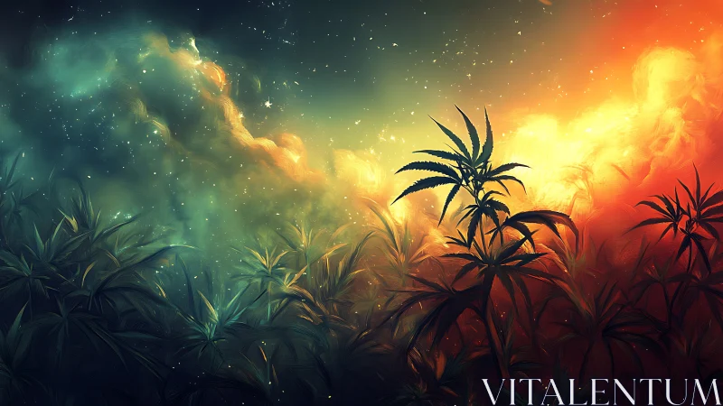 Glowing jungle sky blends dreamy night blues and warm firelight