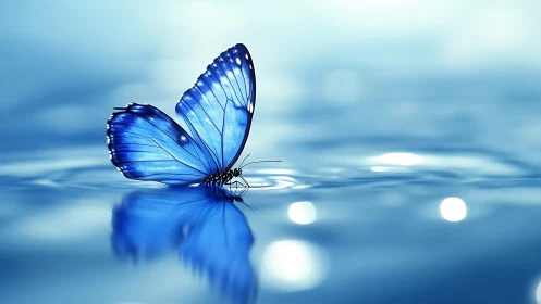 Blue butterfly rests on rippling water in serene light.