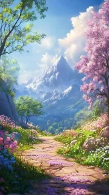 Mountain path through blooming spring valley landscape.