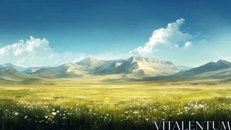 Mountain plateau and wildflower meadow under clear sky.