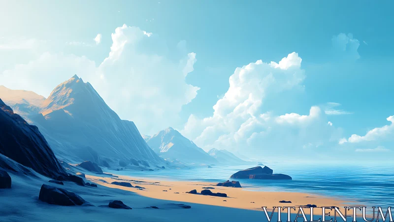 Alpine coastal landscape rendered with triangular polygon geometry and atmospheric perspective layer