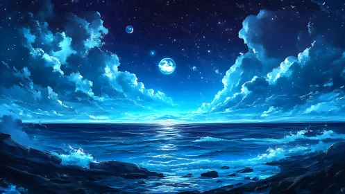 Lunar-illuminated ocean horizon under cinematic night sky