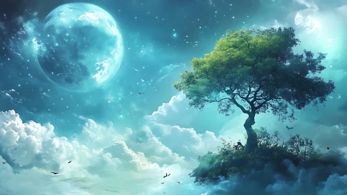 Lone tree rises above dreamlike clouds under a glowing moon