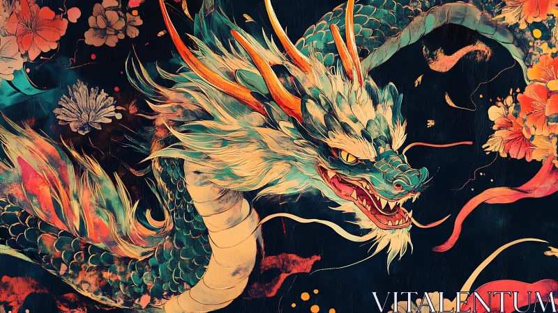 Vibrant oriental dragon swirling through floral night sky.