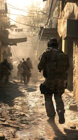 Armed soldiers advance through narrow debris filled urban alley