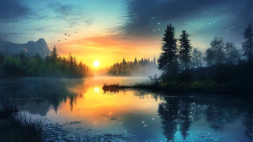 Digital painting of luminous dawn over tranquil forest lake.