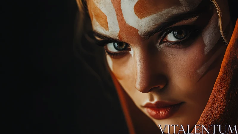 Warrior portrait with fierce eyes and tribal face paint.