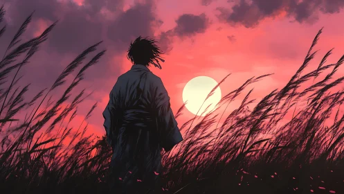 Silhouetted figure stands in tall grass before vivid sunset