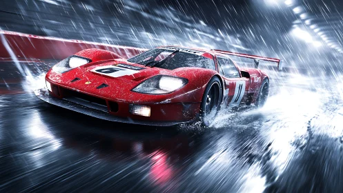 Red endurance race car skidding through dramatic rainstorm.