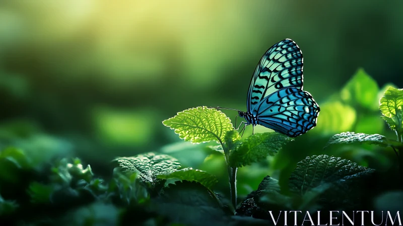 Vibrant Blue Butterfly on Leaf in Sunlit Nature, Photorealistic Style.
