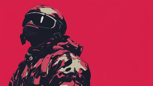 Tactical soldier silhouette set against bold crimson backdrop.