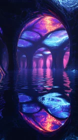 3D luminescent caverns with mirrored water and vaulted arches.