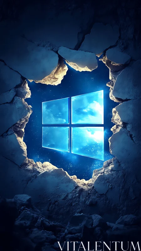 Glowing window symbol in broken stone wall against space backdrop.