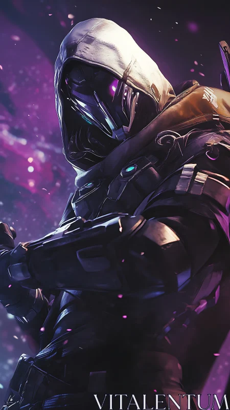 Mysterious sci fi rogue stands ready in glowing cosmic light