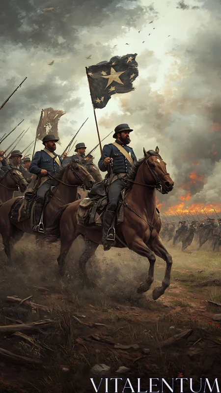 Cavalry charge advances under storm-laden sky in digital painting