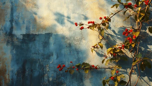 Sunlit red flowers on a textured blue wall, rustic natural style.
