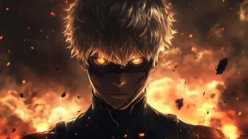 Masked figure stands before dense fiery explosion background