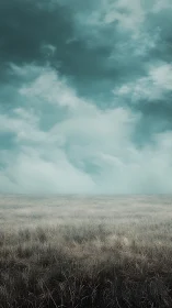 Moody field stretches beneath low, mist-laden teal skies.