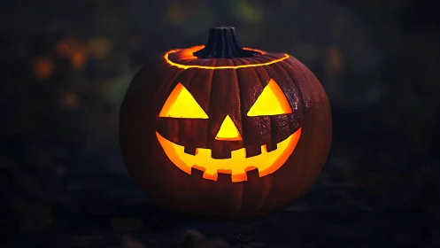 Grinning jack o’lantern beams mischief into autumn dusk.