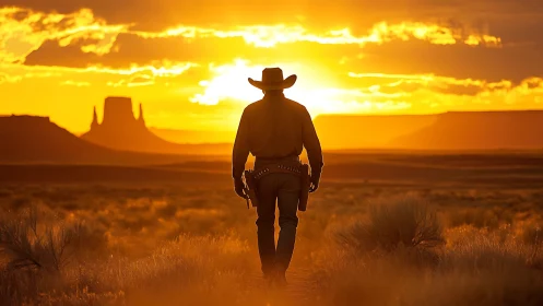 Cowboy silhouette in desert landscape at intense sunset light.