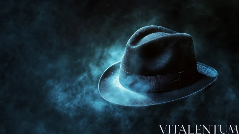 Mysterious fedora floating in swirling blue cinematic mist.