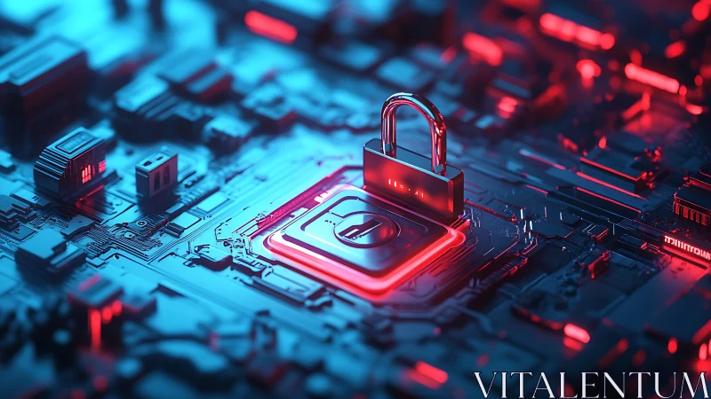 Cybernetic padlock dominates illuminated circuit-board core