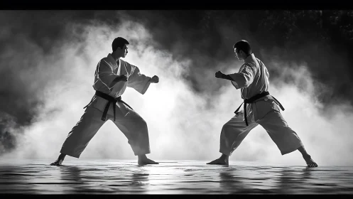 Karate partners squaring off in calm swirling mist.